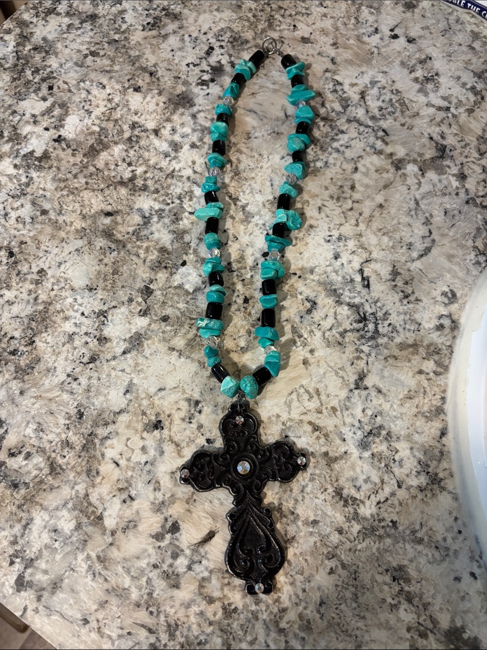 Turquoise and Black Beaded Cross Necklace - Women's Jewelry